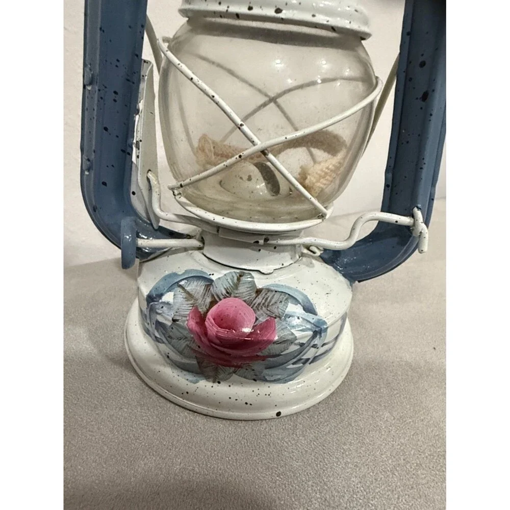 Antique Vintage Clear Glass Metal Kerosene Lamp Lantern Blue Indoor Outdoor Rare